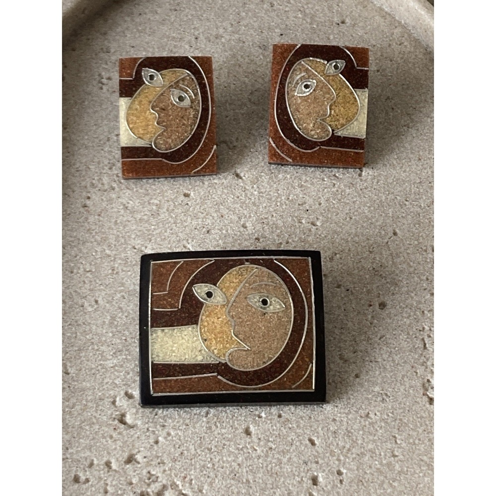 Artisan Abstract Face Brooch & Earrings Set Brown Inlay Modernist Artsy US Made